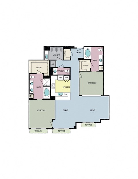 Floor plan for 2 beds, 2.5 baths, 1544 sqft